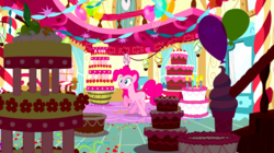 Size: 1440x808 | Tagged: safe, screencap, pinkie pie, earth pony, pony, do princesses dream of magic sheep, g4, balloon, cake, dream, female, food, mare, marzipan mascarpone meringue madness, raised hoof, solo, sugarcube corner