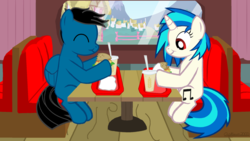 Size: 1920x1080 | Tagged: safe, artist:agkandphotomaker2000, dj pon-3, vinyl scratch, oc, oc:pony video maker, pegasus, pony, unicorn, g4, burger, canon x oc, food, hay burger, lunch, pegasus oc, pony video maker x vinyl scratch, videoscratch