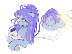 Size: 1000x750 | Tagged: safe, artist:cosmalumi, oc, oc only, oc:whirlwind, earth pony, pony, baby, baby pony, book, duo, female, glasses, lamp, mare, mother and daughter, motherhood, simple background, studying, swaddling, teary eyes
