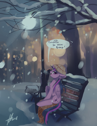 Size: 2700x3520 | Tagged: safe, artist:xjenn9, twilight sparkle, alicorn, pony, g4, bench, cyrillic, dialogue, female, hat, high res, lidded eyes, mare, russian, sitting, smiling, snow, snowfall, solo, speech bubble, streetlight, translated in the comments, tree, twilight sparkle (alicorn)