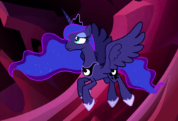 Size: 857x582 | Tagged: safe, screencap, princess luna, alicorn, pony, do princesses dream of magic sheep, g4, cropped, ethereal mane, female, flying, hoof shoes, mare, solo, spread wings, starry mane, tired, wings