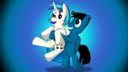 Size: 1920x1080 | Tagged: safe, artist:agkandphotomaker2000, dj pon-3, vinyl scratch, oc, oc:pony video maker, pony, g4, bipedal, canon x oc, cute, drawing, hug, pony video maker x vinyl scratch, videoscratch