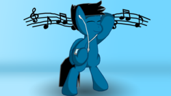 Size: 1920x1080 | Tagged: safe, artist:agkandphotomaker2000, oc, oc only, oc:pony video maker, pegasus, pony, bipedal, device, earbuds, eyes closed, male, music, music notes, solo