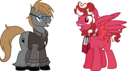Size: 2000x1125 | Tagged: safe, artist:theeditormlp, oc, oc only, oc:soul fire, oc:the editor, earth pony, pegasus, pony, beard, clothes, facial hair, glasses, male, moustache, scarf, simple background, stallion, transparent background, vector