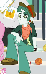 Size: 530x851 | Tagged: safe, screencap, scott green, a queen of clubs, equestria girls, g4, my little pony equestria girls: better together, background human, clothes, cropped, hat, looking at you, male, pants, shoes, smiling, yarn, yarn ball