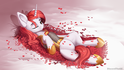 Size: 1920x1080 | Tagged: safe, artist:discordthege, princess celestia, pony, g4, female, flower, flower petals, mare, rose, solo