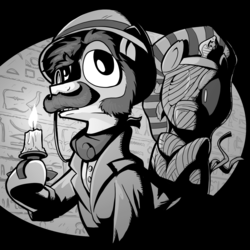 Size: 2000x2000 | Tagged: safe, artist:fimflamfilosophy, oc, oc only, pony, snake, buck legacy, bandage, black and white, candle, card art, egyptian, facial hair, grayscale, hat, hieroglyphics, high res, male, monochrome, monocle, moustache, mummy, muttonchops, pith helmet, uraeus