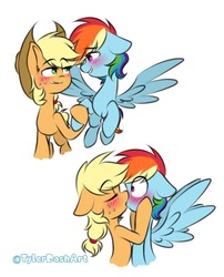 Size: 843x1041 | Tagged: safe, artist:tylerdashart, applejack, rainbow dash, earth pony, pegasus, pony, g4, applejack's hat, art trade, blushing, cowboy hat, digital art, duo, eyes closed, feathered wings, female, freckles, hat, holding hooves, kiss on the lips, kissing, lesbian, looking at each other, mare, raised hoof, ship:appledash, shipping, simple background, smiling, white background, wings