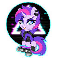 Size: 2000x2000 | Tagged: safe, artist:sickly-sour, oc, oc:synthwave, pony, unicorn, adorable face, clothes, cute, cyberpunk, ear piercing, earring, gloves, glowstick, high res, jewelry, makeup, piercing, vest