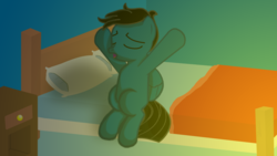 Size: 1280x720 | Tagged: safe, artist:agkandphotomaker2000, oc, oc only, oc:pony video maker, pony, bed, morning, morning ponies, solo, waking up