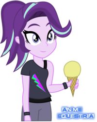 Size: 683x853 | Tagged: safe, alternate version, artist:anime-equestria, derpibooru exclusive, starlight glimmer, equestria girls, g4, 80s, bands, clothes, female, food, ice cream, ponytail, shirt, simple background, smiling, solo, that human sure does love ice cream, that pony sure does love ice cream