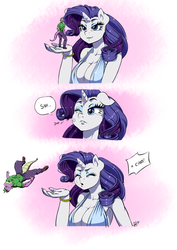 Size: 850x1200 | Tagged: safe, artist:pia-sama, rarity, spike, dragon, unicorn, anthro, g4, absolute cleavage, breasts, busty rarity, cleavage, clothes, comic, commission, eyes closed, female, fetish, giantess, macro, male, micro, oops, open mouth, ship:sparity, shipping, size difference, sneeze cloud, sneezing, sneezing fetish, spray, straight, wat