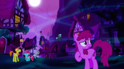 Size: 1440x809 | Tagged: safe, screencap, berry punch, berryshine, carrot cake, cup cake, mr. waddle, thunderlane, earth pony, pegasus, pony, do princesses dream of magic sheep, g4, background pony, dream, female, house, male, mare, moon, night, ponyville, shared dream, stallion, worried