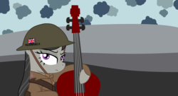 Size: 2750x1500 | Tagged: safe, artist:yamsmos, octavia melody, brodie helmet, cello, clothes, cloud, cloudy, helmet, musical instrument, octavia is not amused, trench, unamused, uniform, union jack, world war i