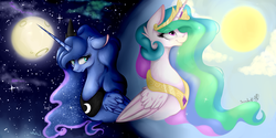 Size: 2000x1000 | Tagged: safe, artist:invaderkj, princess celestia, princess luna, g4, duo, moon, peytral, royal sisters, sun