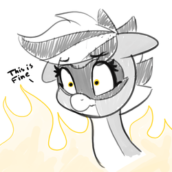 Size: 933x933 | Tagged: safe, artist:pabbley, oc, oc only, oc:bandy cyoot, pony, raccoon pony, female, fire, floppy ears, shocked, shrunken pupils, solo, text, this is fine