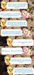 Size: 980x2176 | Tagged: safe, gameloft, applejack, fluttershy, lix spittle, bird, ornithian, anthro, g4, my little pony: the movie, sounds of silence, dialogue, implied autumn blaze, implied twilight sparkle, klugetown, parrot pirates, pirate