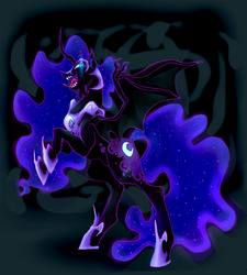 Size: 1280x1422 | Tagged: safe, artist:yowza-buckaroo, nightmare moon, alicorn, bat pony, pony, g4, abstract background, bat ponified, curved horn, cutie mark, ethereal mane, fangs, female, glowing eyes, horn, jewelry, looking at you, mare, open mouth, race swap, rearing, regalia, solo, spread wings, starry mane, tongue out, wing claws, wings