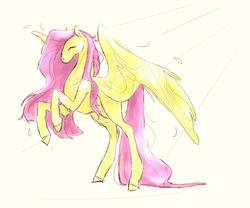 Size: 1280x1067 | Tagged: safe, artist:yowza-buckaroo, fluttershy, pegasus, pony, g4, eyes closed, feather, female, mare, missing cutie mark, rearing, solo, spread wings, wings