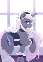 Size: 1635x2368 | Tagged: safe, artist:evomanaphy, oc, oc only, oc:lilia, pony, unicorn, beautiful, bedroom eyes, chest fluff, choker, clothes, collar, corset, cute, ear fluff, eyelashes, female, frog (hoof), hat, horn, looking at you, maid, maid headdress, mare, ocbetes, partial color, raised hoof, side view, signature, smiling, socks, solo, standing, thigh highs, underhoof, window