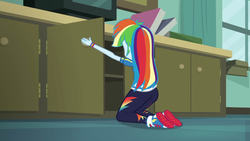 Size: 1280x720 | Tagged: safe, edit, edited screencap, screencap, rainbow dash, equestria girls, g4, happily ever after party, happily ever after party: rainbow dash, my little pony equestria girls: better together, ass, butt, clothes, converse, cropped, female, hair, hoodie, leggings, multicolored hair, pants, rainbutt dash, shirt, shoes, sneakers, solo, sweater, sweatshirt, teenager, wide hips, wristband