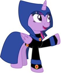 Size: 6437x7547 | Tagged: safe, alternate version, artist:ejlightning007arts, twilight sparkle, alicorn, pony, g4, absurd resolution, clothes, cosplay, costume, female, halloween, halloween costume, holiday, raven (dc comics), simple background, solo, teen titans, transparent background, twilight sparkle (alicorn), twiraven, voice actor joke
