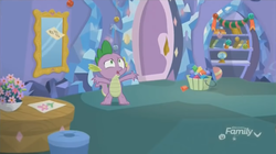 Size: 1348x756 | Tagged: safe, screencap, spike, dragon, g4, my little pony best gift ever, bouquet, discovery family logo, door, flower, gem, mirror, shelf, stool, table, twilight's castle, winged spike, wings, worried