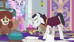 Size: 1280x720 | Tagged: safe, screencap, chancellor neighsay, silverstream, yona, classical hippogriff, hippogriff, pony, unicorn, yak, g4, school raze, clothes, cloven hooves, female, flying, jewelry, male, necklace, paper, searching, stallion