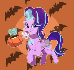 Size: 2200x2100 | Tagged: safe, artist:passigcamel, starlight glimmer, bat, pony, unicorn, g4, candy, clothes, costume, cute, eating, fake wings, female, food, glimmerbetes, glowing horn, halloween, high res, holiday, horn, lollipop, looking at you, magic, mare, mlem, silly, solo, telekinesis, tongue out, trick or treat