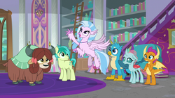 Size: 1280x720 | Tagged: safe, screencap, gallus, ocellus, sandbar, silverstream, smolder, yona, changedling, changeling, classical hippogriff, dragon, earth pony, griffon, hippogriff, pony, yak, g4, school raze, bow, cloven hooves, dragoness, female, flying, hair bow, ladder, male, monkey swings, student six, teenager