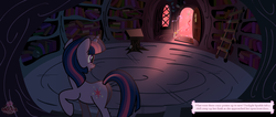 Size: 2356x1000 | Tagged: safe, artist:flamingo1986, twilight sparkle, pony, unicorn, g4, female, golden oaks library, ladder, library, mare, night, solo, streamers, the ballad of mecha pinkie pie