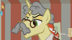Size: 1350x758 | Tagged: safe, screencap, flim, earth pony, pony, g4, my little pony best gift ever, discovery family logo, disguise, glasses, grey hair, male, solo, stallion, wig