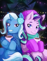 Size: 2395x3127 | Tagged: safe, artist:villaincorner, starlight glimmer, trixie, pony, unicorn, g4, my little pony best gift ever, beanie, best friends, chocolate, clothes, coat, earmuffs, female, food, grin, hat, high res, hot chocolate, jacket, mare, mittens, scarf, smiling, winter outfit