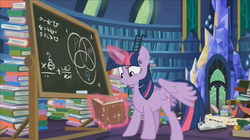 Size: 1352x758 | Tagged: safe, screencap, twilight sparkle, alicorn, pony, g4, my little pony best gift ever, book, bookshelf, chalkboard, discovery family logo, female, levitation, library, magic, raised eyebrow, solo, telekinesis, twilight sparkle (alicorn), venn diagram