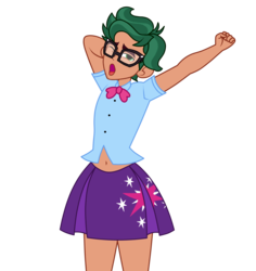 Size: 1700x1800 | Tagged: safe, artist:mashoart, timber spruce, twilight sparkle, equestria girls, g4, belly button, blushing, clothes, clothes swap, crossdressing, dress, glasses, midriff, pleated skirt, simple background, skirt, solo, stretching, transparent background, yawn