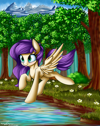 Size: 4000x5000 | Tagged: safe, artist:supermoix, oc, oc only, oc:darya breeze, pegasus, pony, cute, flower, forest, lake, mountain, solo, tongue out, tree