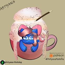 Size: 1024x1024 | Tagged: safe, artist:artyanas-workshop, oc, oc only, pegasus, pony, bow, chibi, commission, cute, deviantart watermark, female, hair bow, looking at you, mare, mug, obtrusive watermark, patreon, patreon logo, solo, watermark