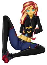 Size: 1840x2550 | Tagged: safe, artist:artemis-polara, sunset shimmer, equestria girls, g4, alternate hairstyle, anklet, belly button, belt, boots, clothes, female, gloves, heart hands, human sunset, jacket, pants, shoes, simple background, smiling, solo, torn clothes, transparent background