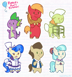 Size: 872x931 | Tagged: safe, artist:egophiliac, big macintosh, coco pommel, doctor whooves, granny smith, sapphire shores, spike, time turner, dragon, earth pony, pony, g4, bipedal, chibi, female, freckles, hat, hooves together, lined paper, male, mare, raised eyebrow, smiling, stallion, top hat, unshorn fetlocks, walker
