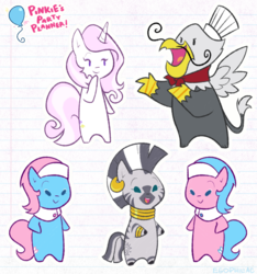 Size: 872x931 | Tagged: safe, artist:egophiliac, aloe, fleur-de-lis, gustave le grande, lotus blossom, zecora, earth pony, griffon, pony, unicorn, zebra, g4, bipedal, chibi, cute, ear piercing, female, fleurabetes, leg rings, lined paper, looking at each other, male, mare, neck rings, open mouth, piercing, raised hoof, smiling, spa twins, spaww twins, zecorable