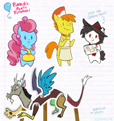 Size: 872x931 | Tagged: safe, artist:egophiliac, carrot cake, cup cake, discord, oc, oc:egophiliac, draconequus, earth pony, pony, g4, apron, bipedal, bowtie, chibi, clothes, fedora, female, freckles, hat, lidded eyes, lined paper, male, mare, necktie, notebook, popsicle stick, smiling, stallion, text