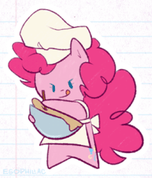 Size: 299x351 | Tagged: safe, artist:egophiliac, pinkie pie, earth pony, pony, g4, animated, apron, baking, bipedal, bowl, chef's hat, chibi, clothes, female, gif, hat, lined paper, mare, mixing bowl, signature, smiling, solo, spoon, tongue out