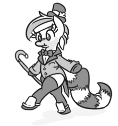 Size: 454x482 | Tagged: safe, artist:jargon scott, oc, oc only, oc:pandy cyoot, pony, red panda pony, :t, bipedal, bowtie, cane, clothes, dapper, female, hat, mare, monochrome, simple background, smiling, solo, spats, top hat, tuxedo, underhoof, walking, white background