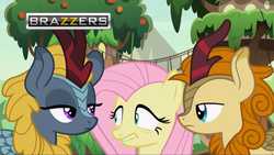 Size: 1280x720 | Tagged: safe, edit, edited screencap, screencap, autumn afternoon, fluttershy, winter flame, kirin, g4, sounds of silence, brazzers, female, meme, out of context, shitposting, this will not end well
