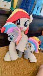 Size: 577x1024 | Tagged: safe, artist:nekokevin, oc, oc only, oc:poniko, oc:rokuchan, earth pony, pony, duo, female, happy, holding, hug, irl, looking at you, mare, open mouth, photo, plushie, raised hoof, sitting, smiling