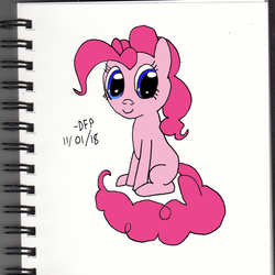 Size: 2000x2000 | Tagged: safe, artist:deluxeflame, pinkie pie, earth pony, pony, g4, digitally colored, female, high res, looking at you, missing cutie mark, sitting, solo, traditional art