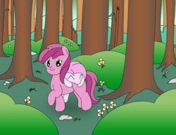 Size: 3296x2550 | Tagged: safe, artist:dinkyuniverse, piña colada, ruby pinch, earth pony, pony, unicorn, g4, adorable face, aunt and niece, background pony, bush, cute, female, filly, flower, foal, forest, grass, happy, high res, hnnng, leaf, nature, pinchybetes, piña cutelada, raised hoof, rock, scenery, smiling, snuggling, stroll, tree, tree stump, walk