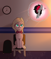 Size: 1711x1995 | Tagged: safe, artist:lazerblues, oc, oc only, oc:connie amore, oc:miss eri, pony, bag, black and red mane, chair, clock, two toned mane
