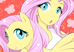 Size: 4093x2894 | Tagged: safe, artist:bonoramo, fluttershy, human, pegasus, pony, equestria girls, g4, clothes, female, looking at you, mare, self ponidox, shirt
