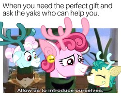 Size: 840x666 | Tagged: safe, edit, alice the reindeer, aurora the reindeer, bori the reindeer, g4, my little pony best gift ever, allow us to introduce ourselves, meme, shitposting, veggietales
